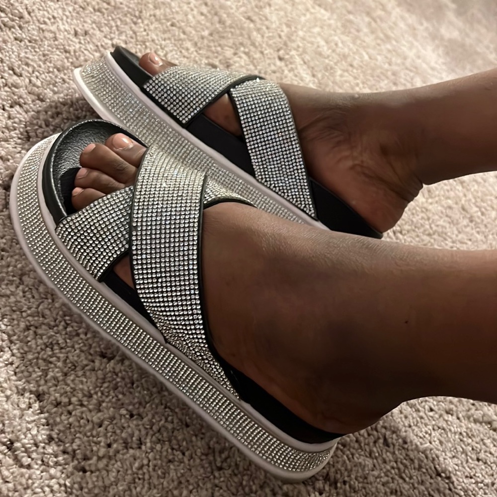 Rhinestone glitter platform slippers